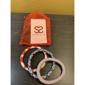 Sashka Co Bracelet Lot 3 Roll on  Red/Blue/Pink Seed Bead Nepal Artist Crochet
